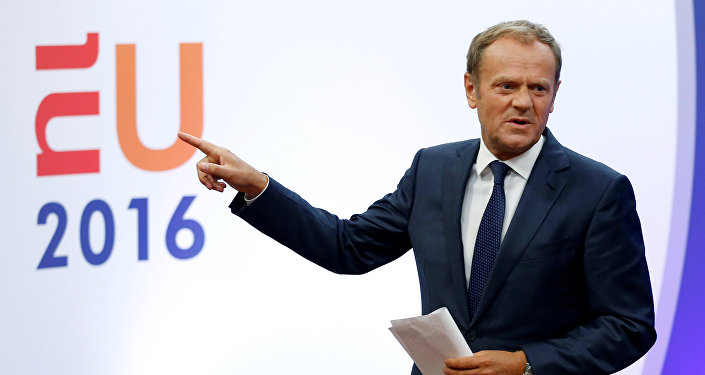 European Council President Donald Tusk gestures as he briefs the media after Britain voted to leave the bloc, in Brussels, Belgium, June 24, 2016.