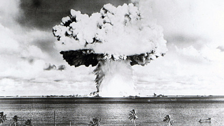 This U.S. Navy handout image shows Baker, the second of the two atomic bomb tests, in which a 63-kiloton warhead was exploded 90 feet under water as part of Operation Crossroads, conducted at Bikini Atoll in July 1946 to measure nuclear weapon effects on warships. © U.S. Navy